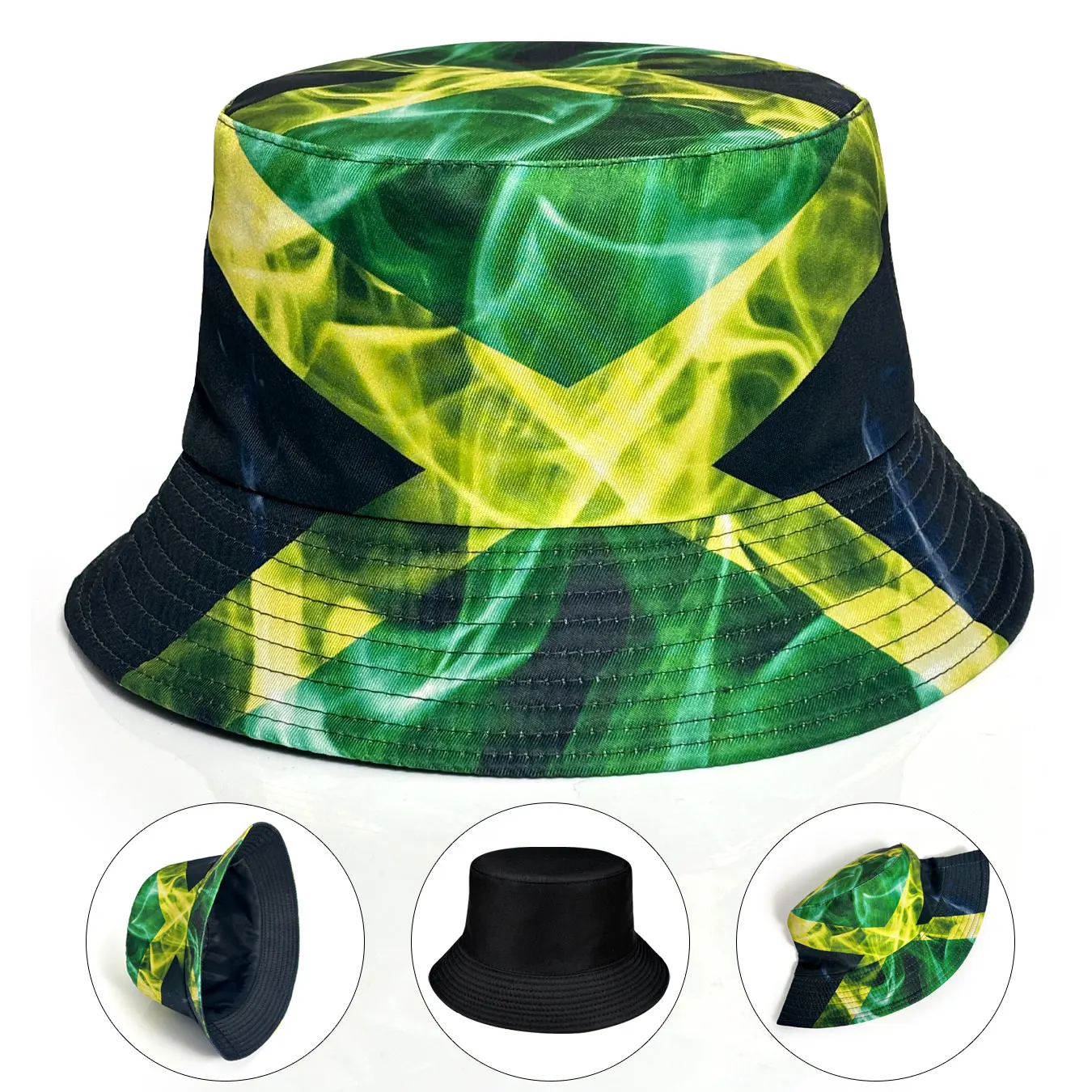Modischer und einzigartiger Hip-Hop-Fischerhut, wendbar, mit jamaikanischem Flaggenmuster, leicht und faltbar, geeignet für alle Jahreszeiten, Sonnenschutz-Bucket-Hat für den Außenbereich, perfekt für