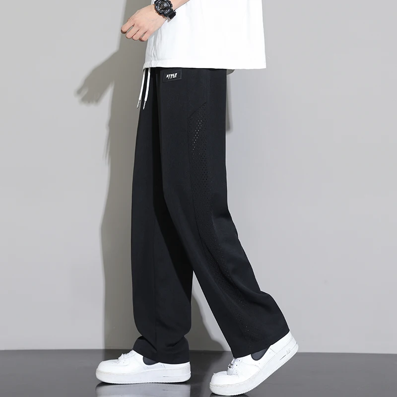 Men's Ice Silk Pants Summer Thin Style Drape Effect Loose Straight Casual Long Pants Trendy Brand Wide‑Leg Sports Pants for Boys