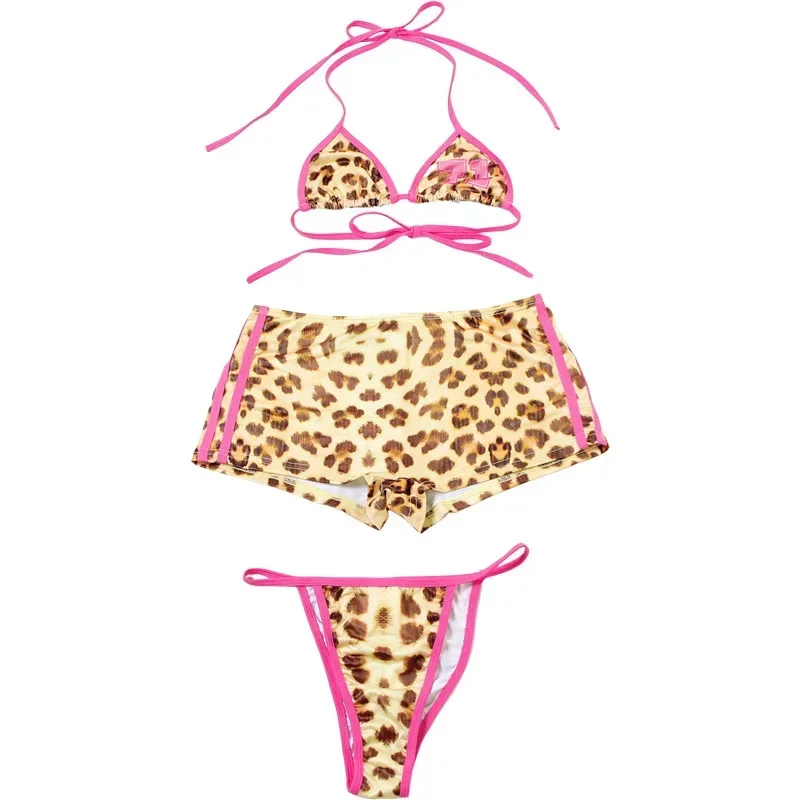 Sexy Leopard Gedruckt 3 Stück Bademode Y2K Farbe Kontrast Sommer Strand Urlaub Badeanzug Frauen Shorts Set 2024 Weibliche Bikini Set