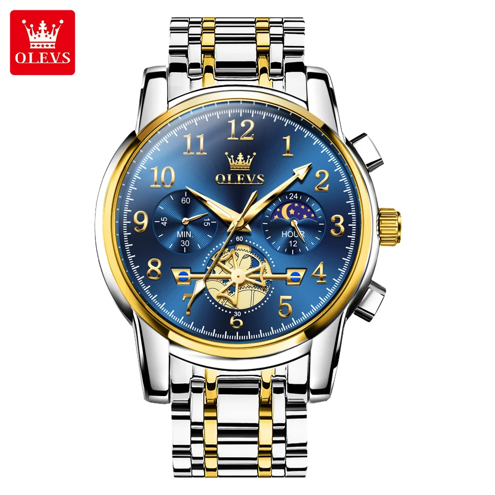 

OLEVS часы с фазой Луны, мужские стальные ремешки, водостойкие светящиеся модные часы со скелетом, цифровой циферблат, хронограф, кварцевые мужские часы 2900