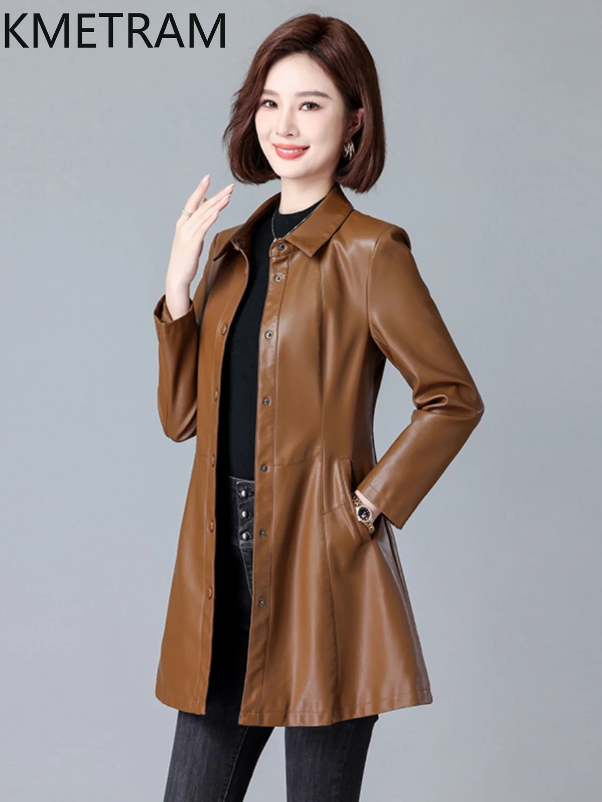 Kmetram natürliche Schaffell Lederjacke für Frauen mittellange koreanische Mäntel Frühling Herbst Damen jacken Saum Slim Fit 2024