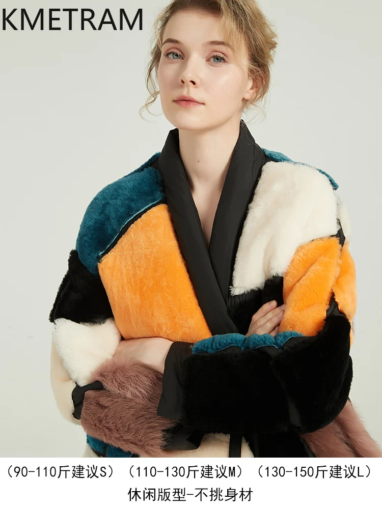 KMETRAM 100% Natural Sheepskin Wool Fur Coats Peacock Blue Woman Clothing Mid Length Winter New Outerwears 2025 fourrures femmes