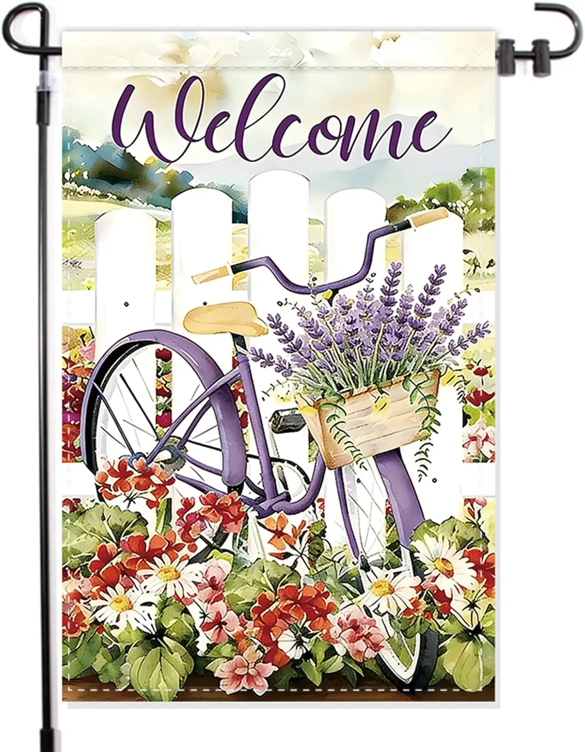 Welcome Spring Garden Flag 12x18 Inch Double Sided, Purple Bicycle with Lavender Floral Basket, Rustic White Picket Fence Ya AAS