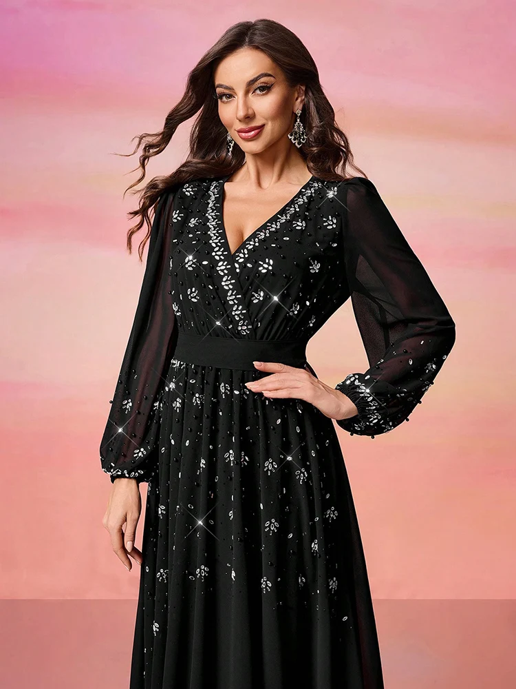 TOLEEN 2024 Women\'s V-Neck Solid Color Luxury Elegant Bubble Pearl Embellished Minimalist Casual Formal Long Sleeve Maxi Dresses