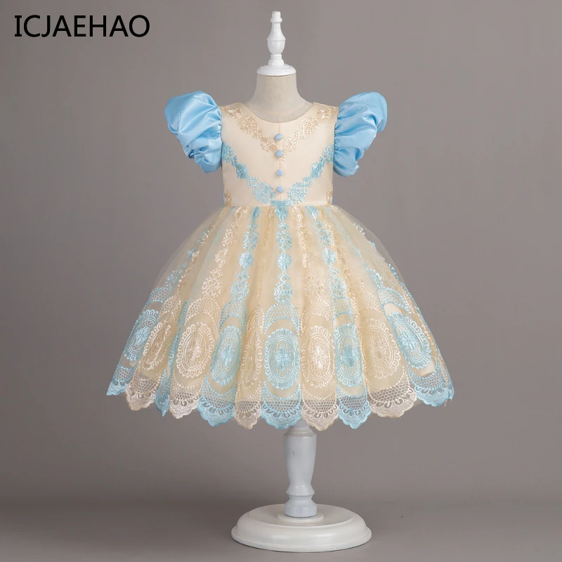 

ICJAEHAO, детское платье на день рождения, винтажное вышитое детское кружевное Цветочное платье для девочек на свадьбу, на пуговицах, с пышными рукавами