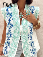 Vintage Print V Neck Vest Women Elegant Single-breasted Sleeveless Long Waistcoat Female 2024 Autumn Ladies Loose Streetwear