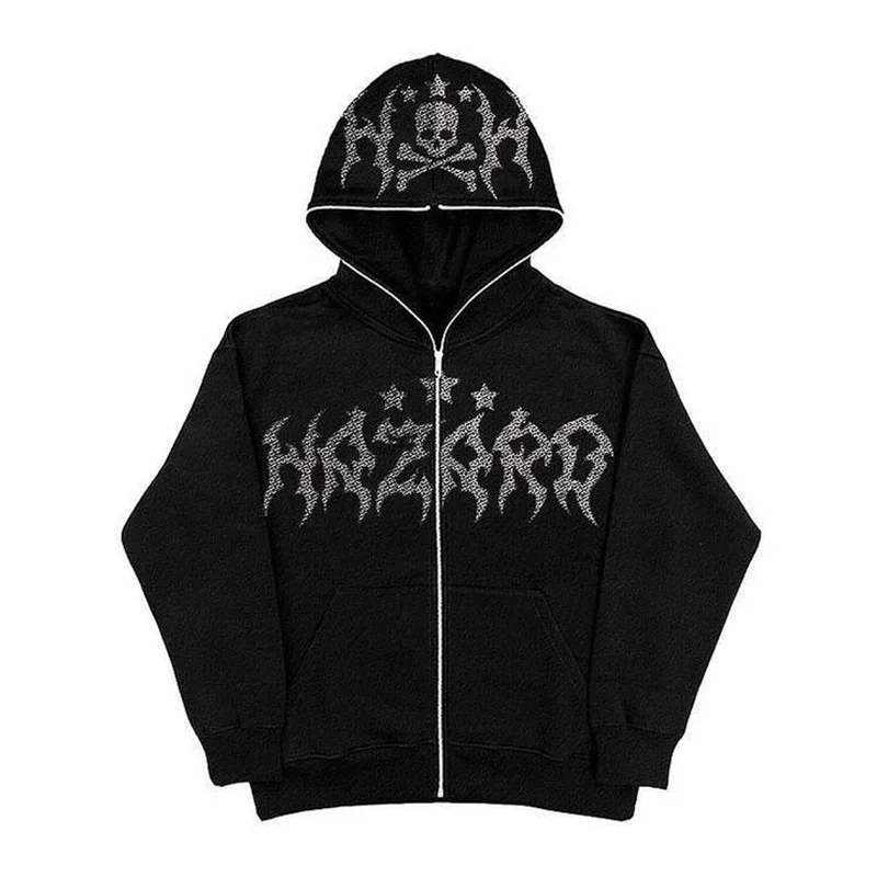 

2025 New Fashion Skull Letter Hot Diamond Printed Hoodie European and American Street Trendy Zipper Coat Female Clothing