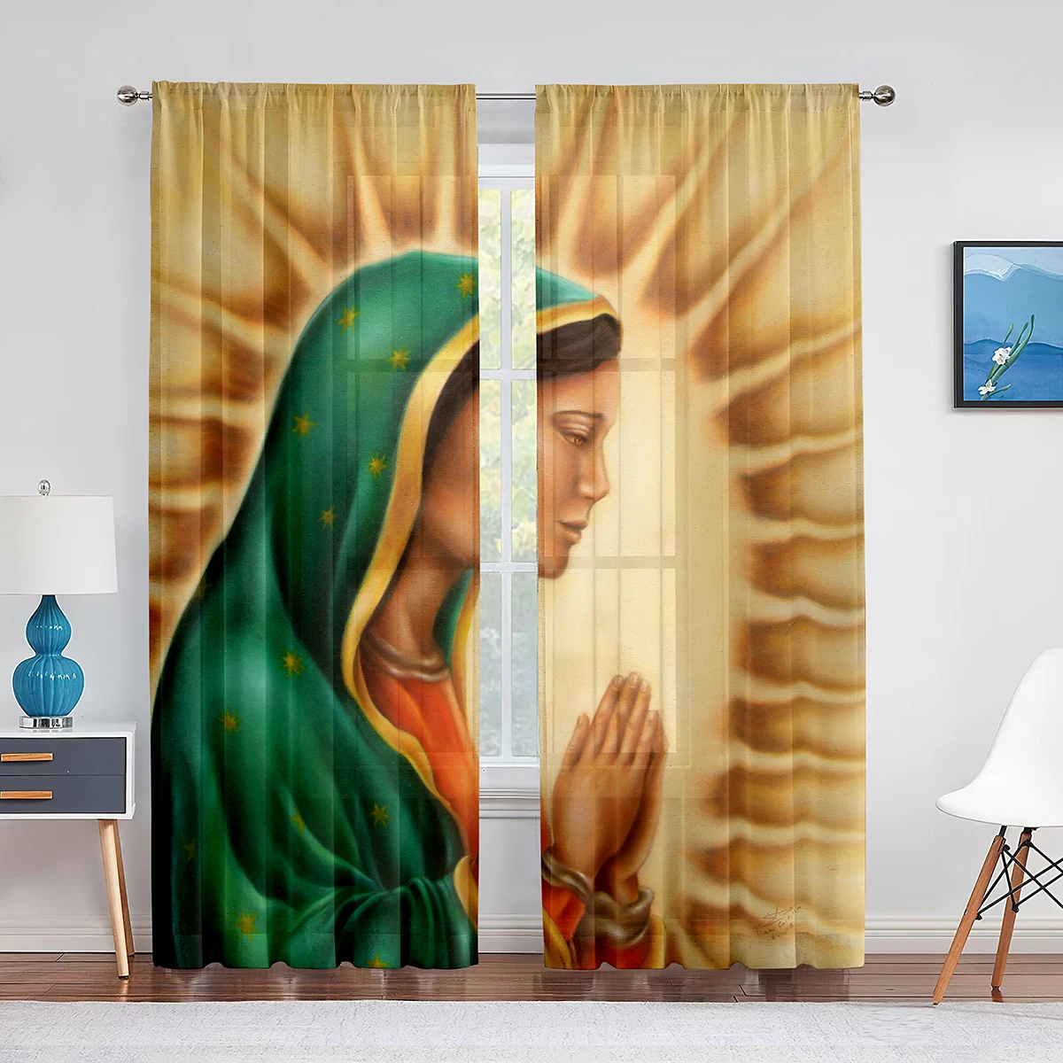 Our Lady Guadalupe Mexican Saint Virgin Mary Floral Sheer Voile Curtains for Bedroom Living Room Kitchen Chiffon Tulle Curtains