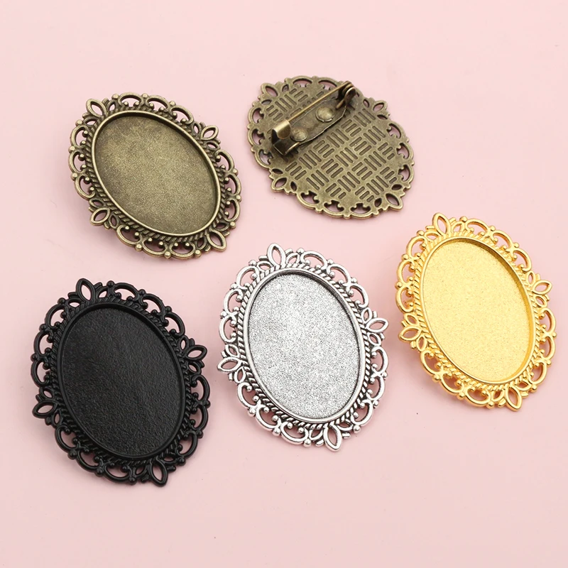 5pcs Antique Silver Plated Brooch Pin Classic Style Cameo Setting Tray