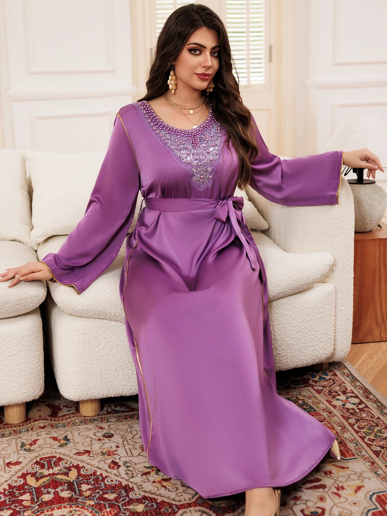 Women\'s Dress Purple Long Sleeve Beaded Patchwork Including Belt Resort Style Middle East Plus Size Arab Gilded Muslims Simple