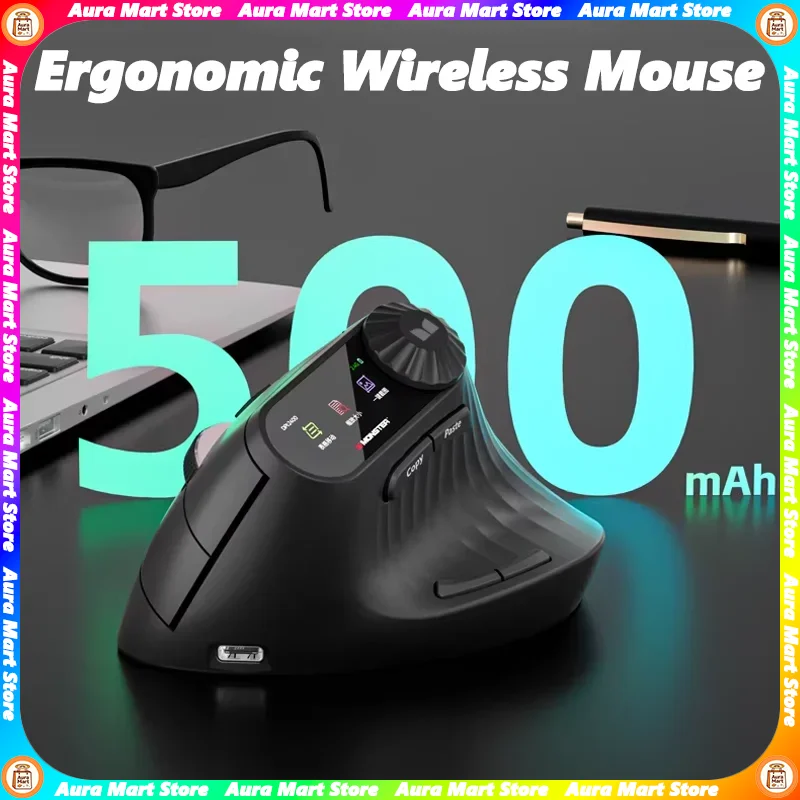 Monster M2Max Mouse Ergonomic Vertical Smart Screen Double Mode DPI Wireless Bluetooth Gaming Mouses Custom for Computers