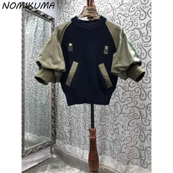 Nomikuma 2024 Spring Autumn New Women Patchwork Knitted Causal Fashion Sweatshirt Short Sleeve O-neck Pullover Hoodies Jumper