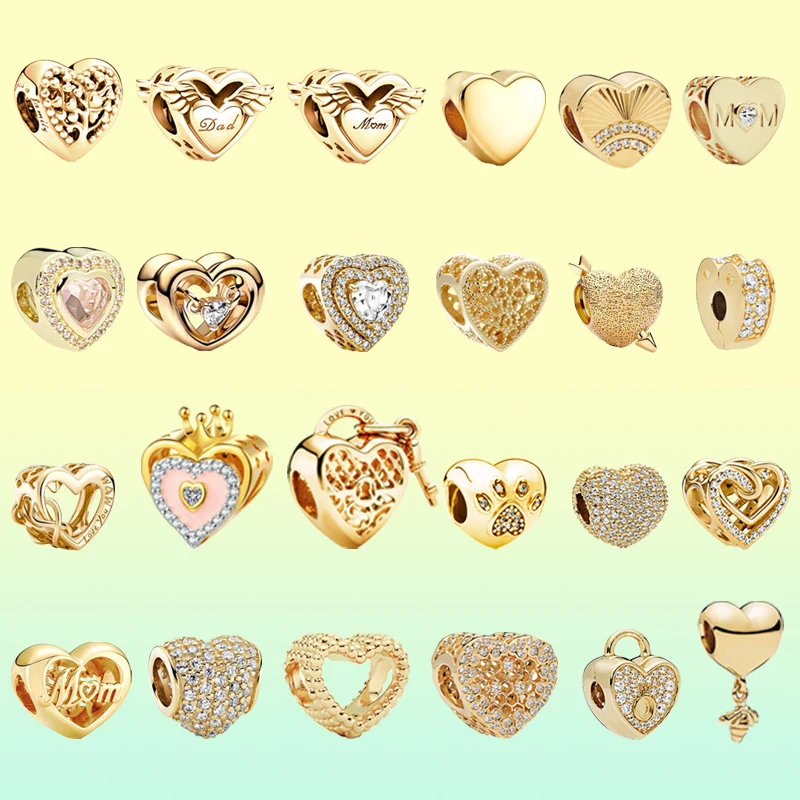 Funkelnde goldene herzförmige Charm-Perlen für Mama und Papa, Stammbaum, passend für originales