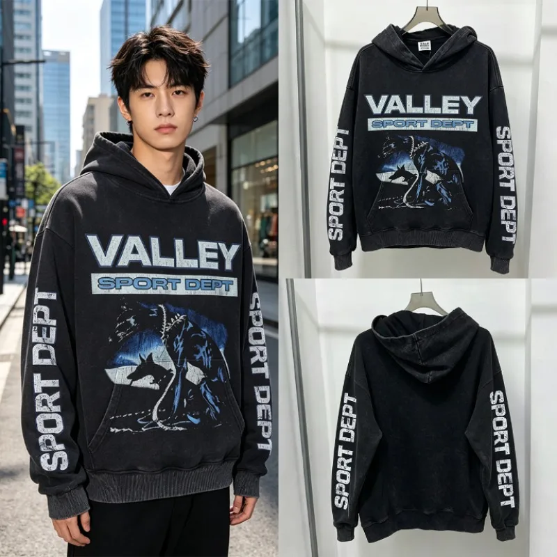 Fall Winter New Arrival VALLEY Unisex Washed Doberman Sport Letter Print Hoodie Long Sleeve Streetwear Pullover Sweatshirt