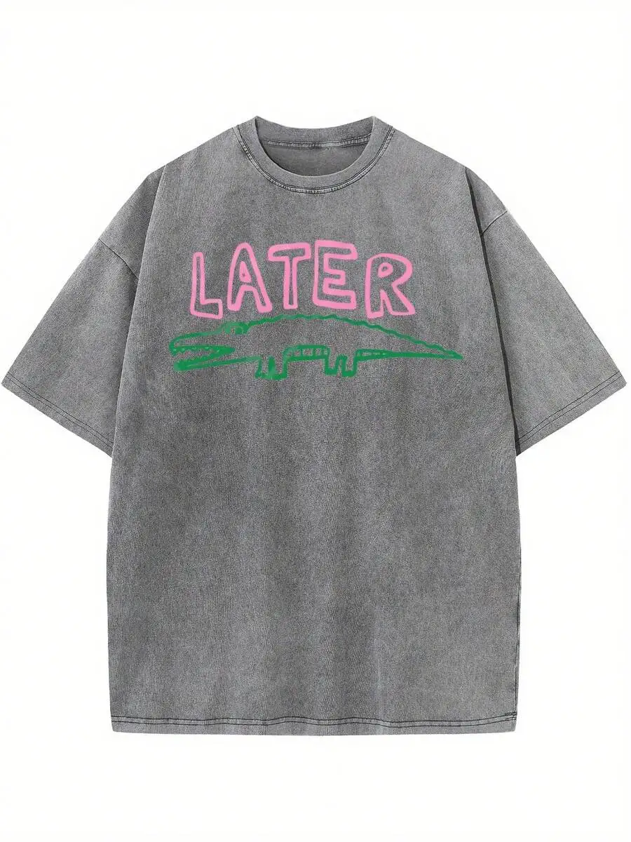 

Gray Acid-Wash Oversized Tee With Pink Later And Green Alligator Print, Unisex Short Sleeve Casual Summer Top