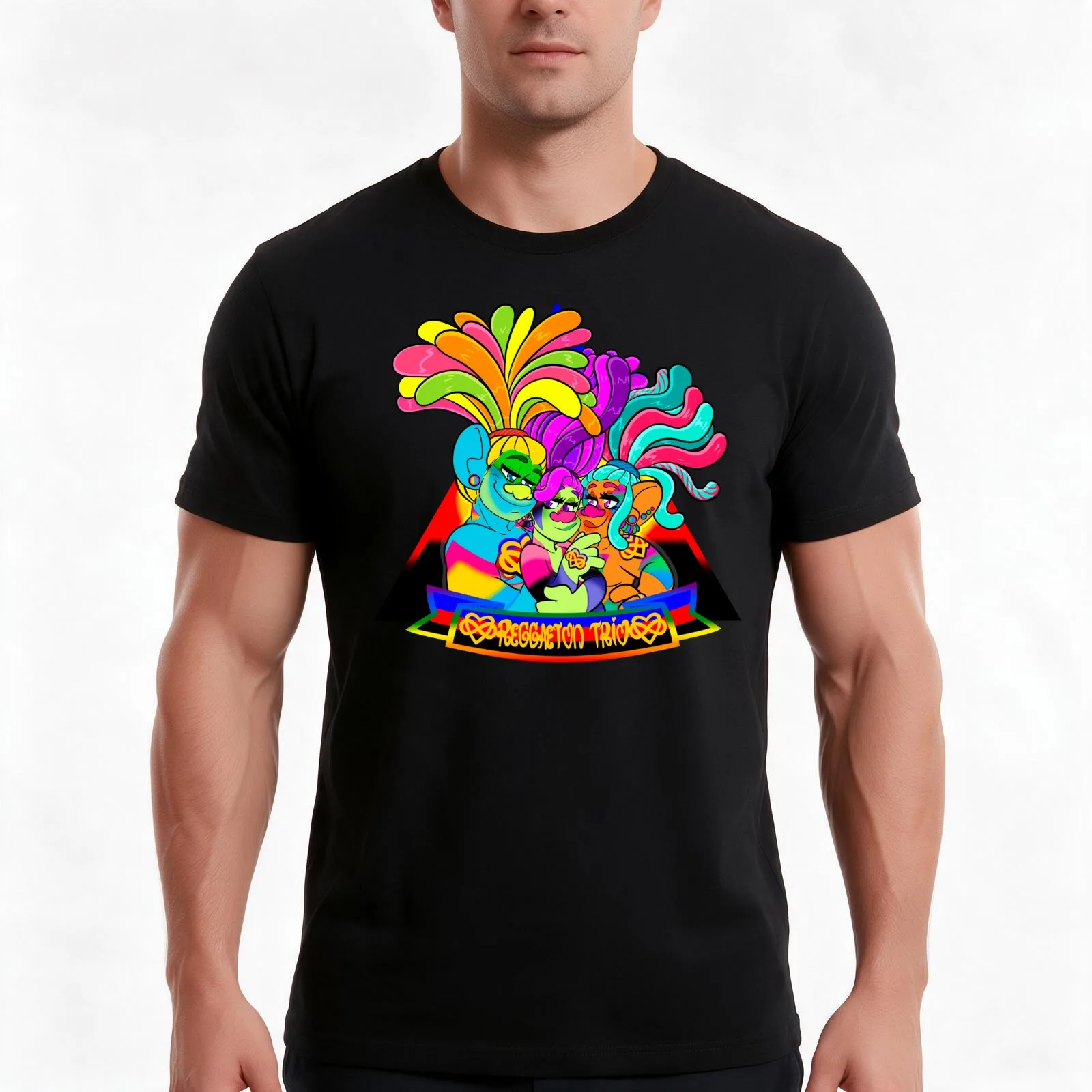 Reggaeton Trio Pride T-Shirt, Summer Casual Cotton Tee, Oversized Streetwear Tops, Vintage Graphic Print, Loose Fit Short Sleeve