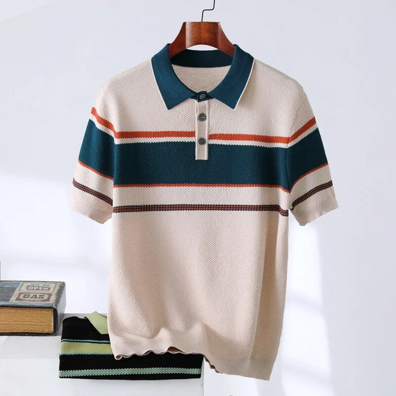 

Fashion Trend Splicing Knitted Polo Shirts Men Summer Ice Silk Breathable Lapel T-shirts Business Social POLO Tees Streetwear
