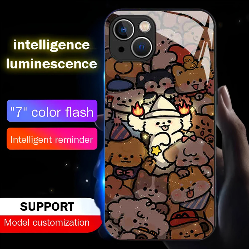 Naughty Corgi Design Luminous Glass LED Call Light Up Flash Phone Case For Samsung S24 S23 S22 S21 S20 FE Note 10 20 Plus Ultra