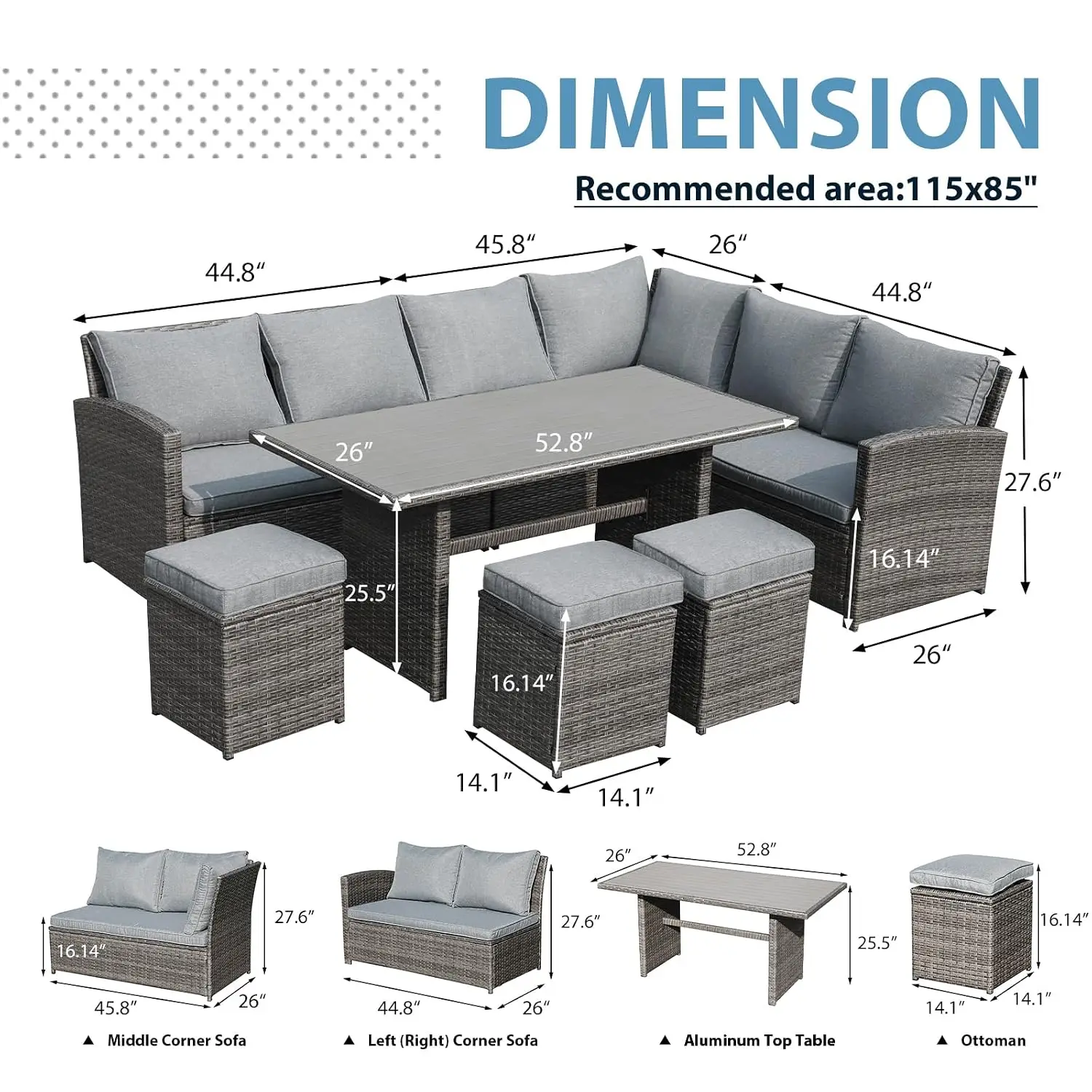 7-Piece Wicker Patio Dining Set w/Table & Ottomans, Outdoor Garden Furniture, Gray, Customized