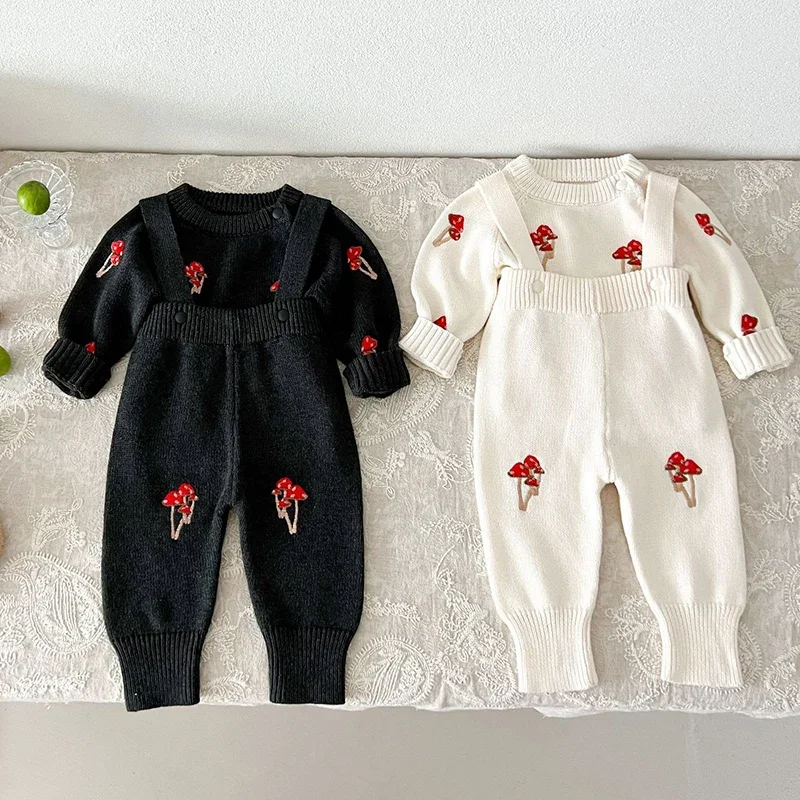 2024 New Autumn Infant Baby Girls Knitted Clothing Set Long Sleeves Embroidery Sweater+Jumpsuit Children Knitted Clothes Suit