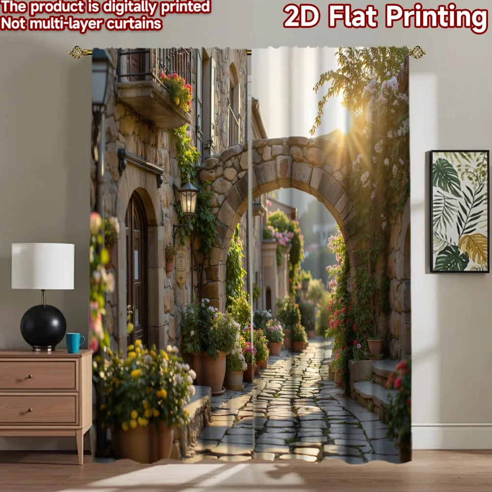2D flat 2pcs Curtain Modern Minimalist Style Sunlit Stone Arch Lane Durable polyester fiber Holiday Decorations for Home & Party