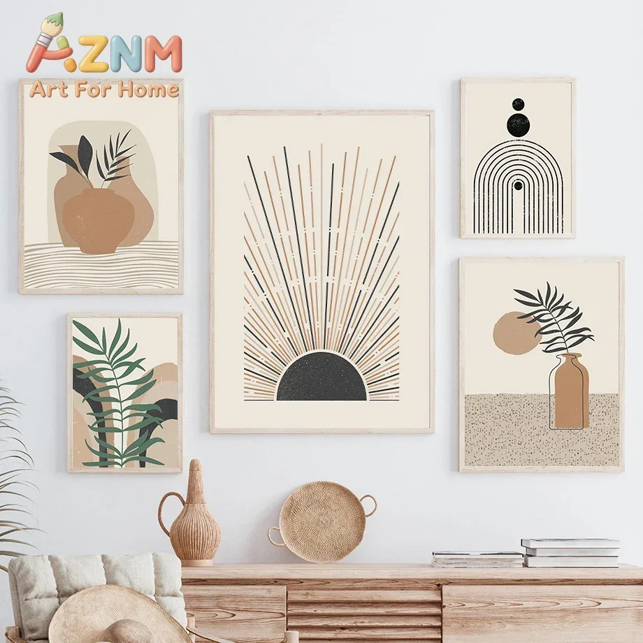 Boho Mid Century Wall Art Prints Neutral Beige Terracotta Sun Vase Plant Geometric Poster Canvas Painting Apartment Home Decor