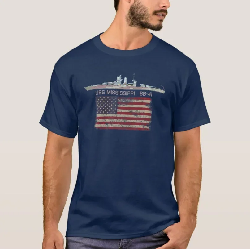 American Flag USS Mississippi BB-41 Battleship T-Shirt 100% Cotton O-Neck Summer Short Sleeve Casual Mens T-shirt Size S-3XL