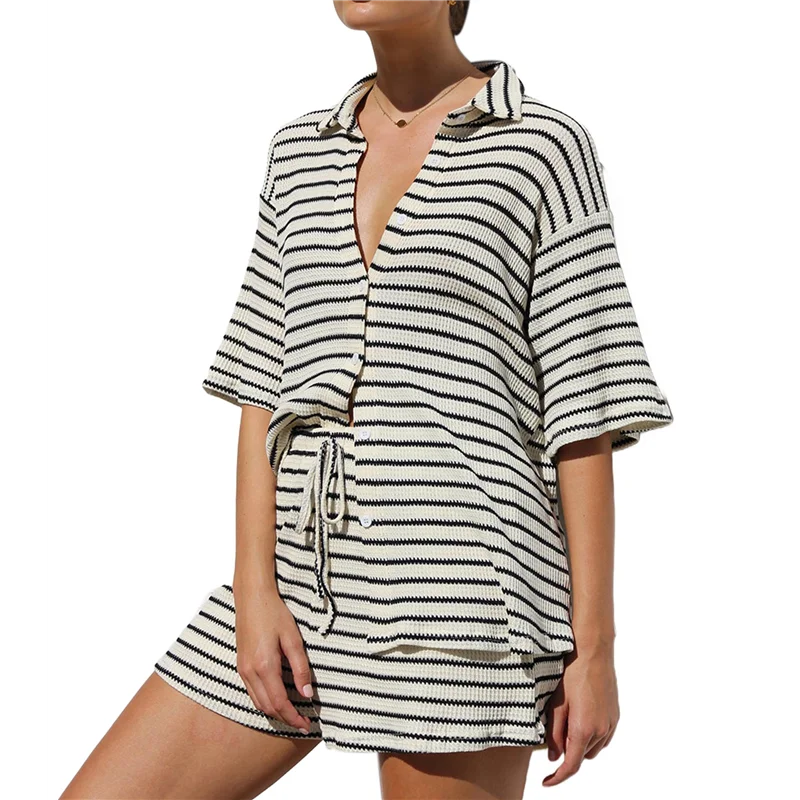 

CYL-Женский летний комплект, хлопковая рубашка в вафельную полоску + шорты, комплект из двух предметов