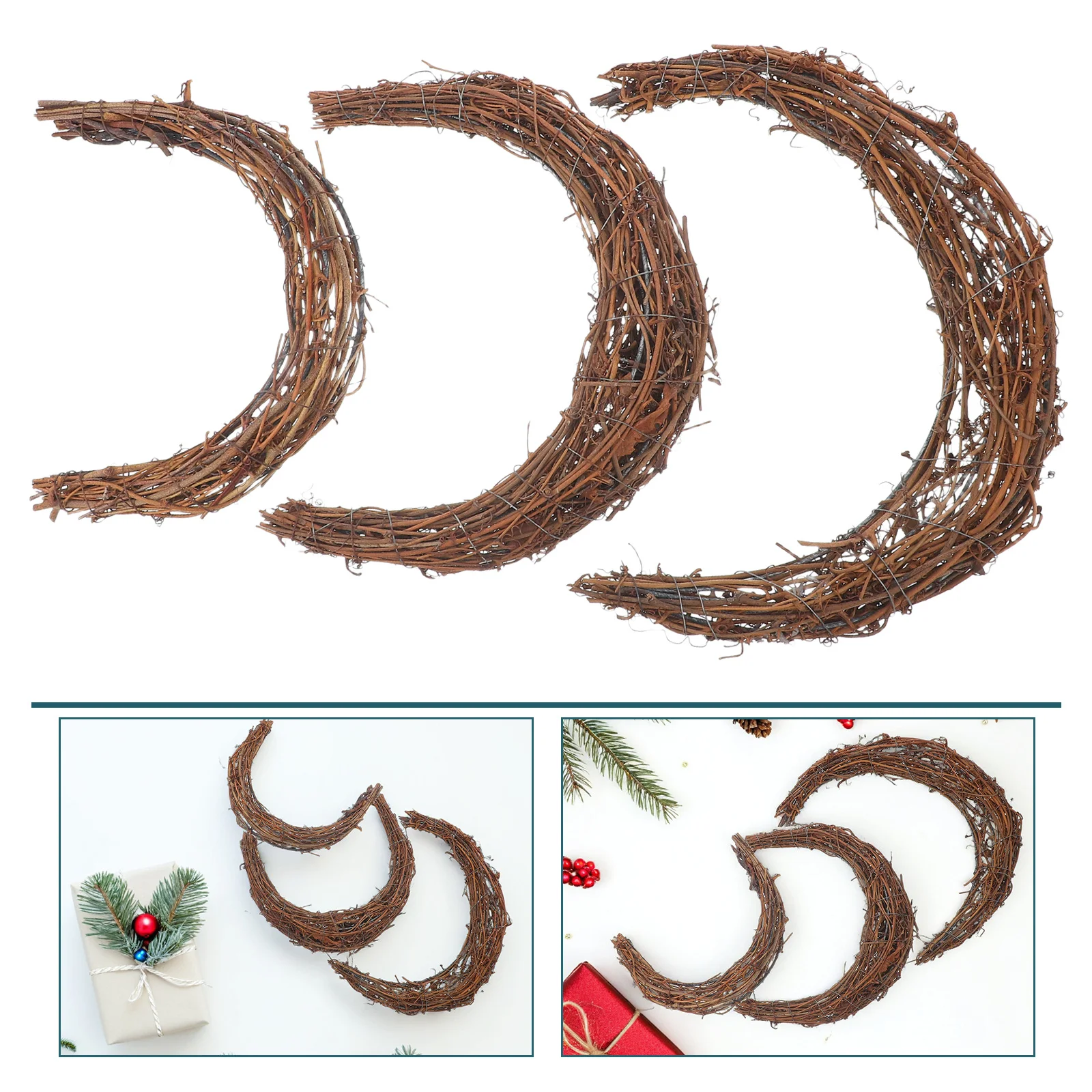 

3Pcs Natural Moon Wreath Frame Rattan Grapevine Twig Form for DIY Wedding Holiday Garden Party Decoration Grapevine Wreath