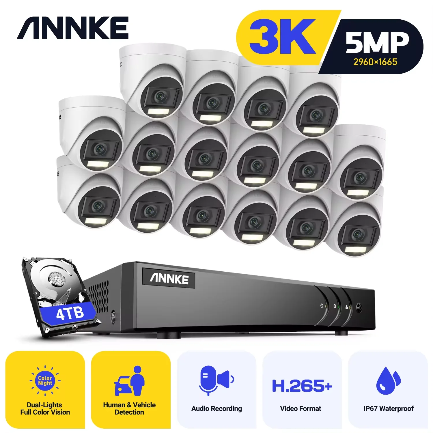 

ANNKE 16CH 5MP DVR Security Surveillance Kits 16Pcs 5MP PIR Outdoor Cameras IP67 Weatherproof DVR SECUR Camera System Alarm 265+