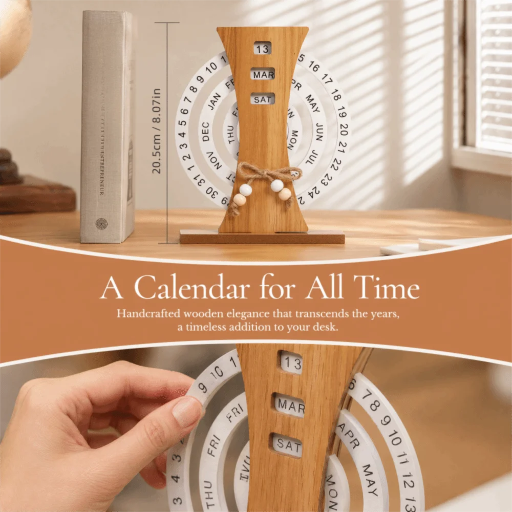 Wooden Rotatable Wooden Perpetual Desk Calendar Manual Twist Date Month Weekday Table Ornament