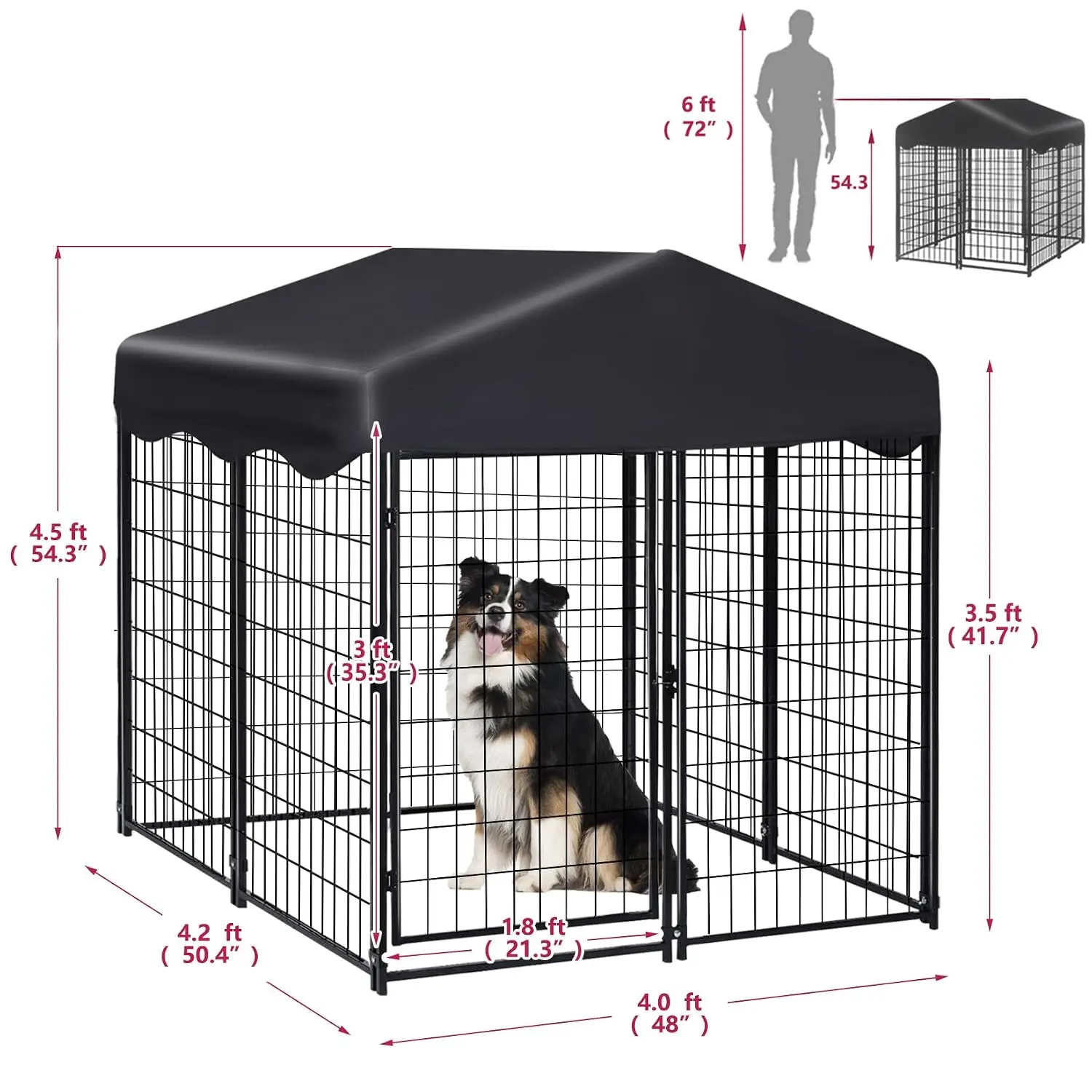 Outdoor Welded Wire Dog Kennel with Roof & Security Lock, 4.5' x 4' x 4' Pet Pen Cage for Medium Small Dogs, Customized