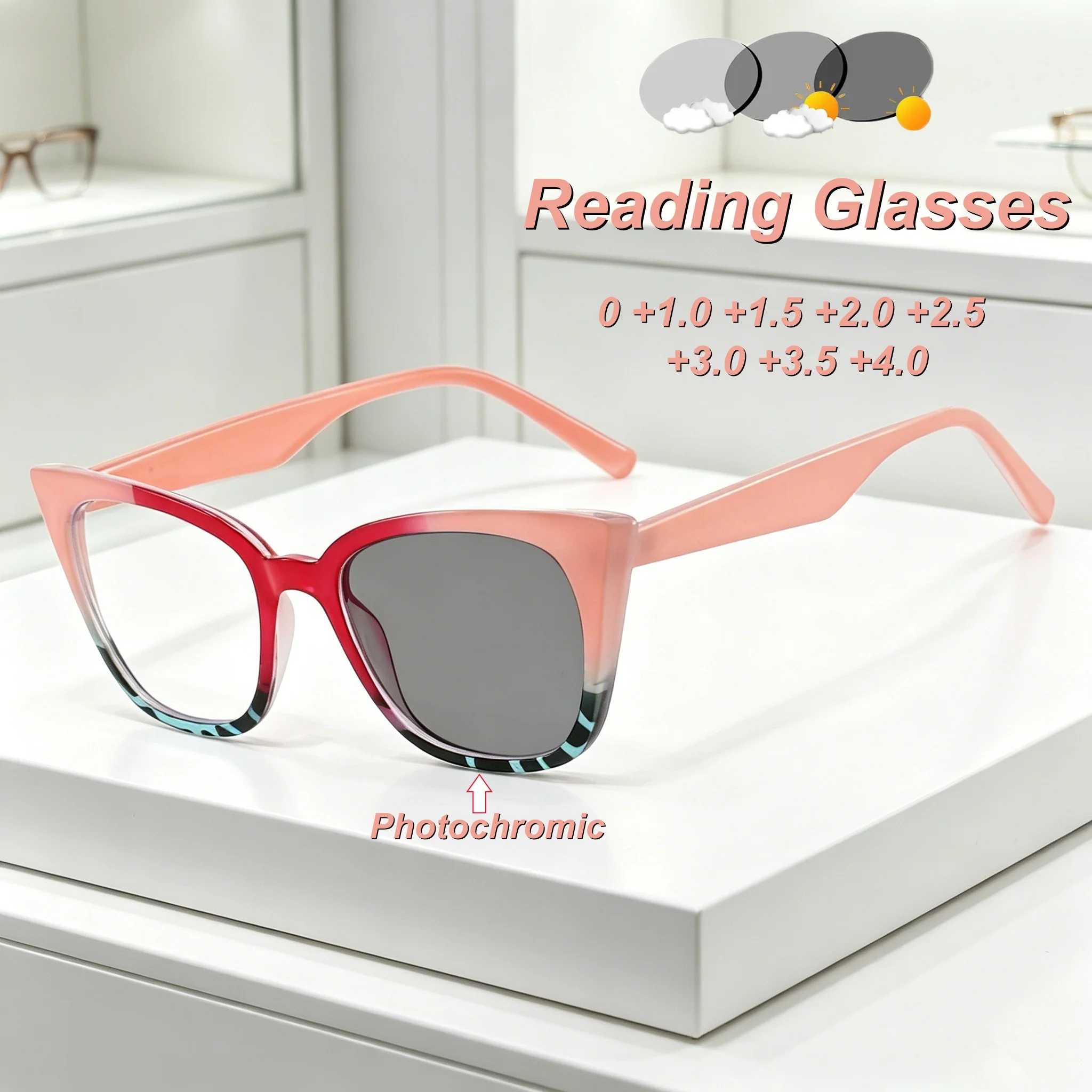 2026 New Fashionable HD Cat Eye Photochromic Women's Reading Glasses Retro Neutral Leopard Pattern Anti Blue Light Glasses