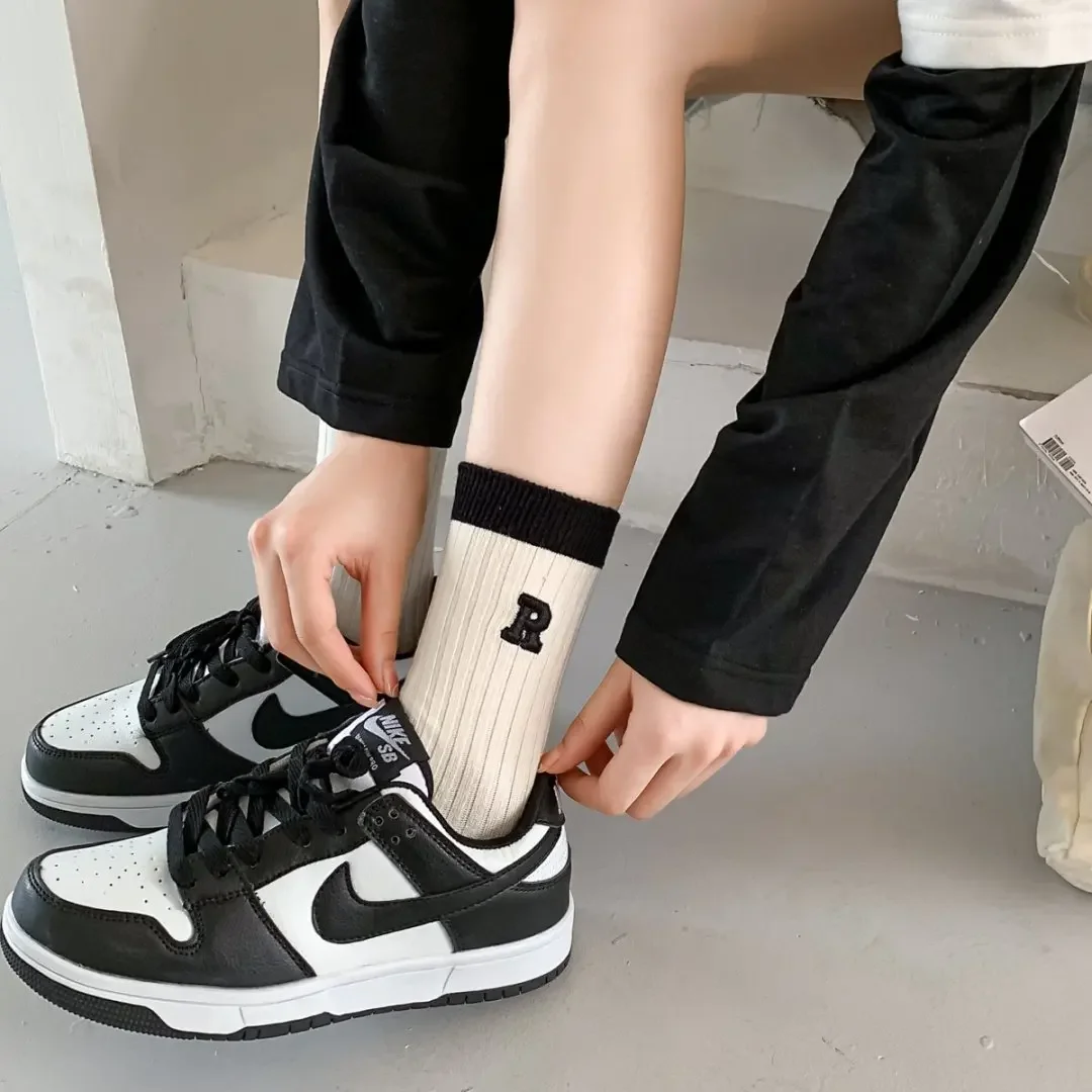 Womens Black White Striped Socks Simple Letter Embroidery Breathable Stackable Ankle Socks For Students Casual Outfit Essential