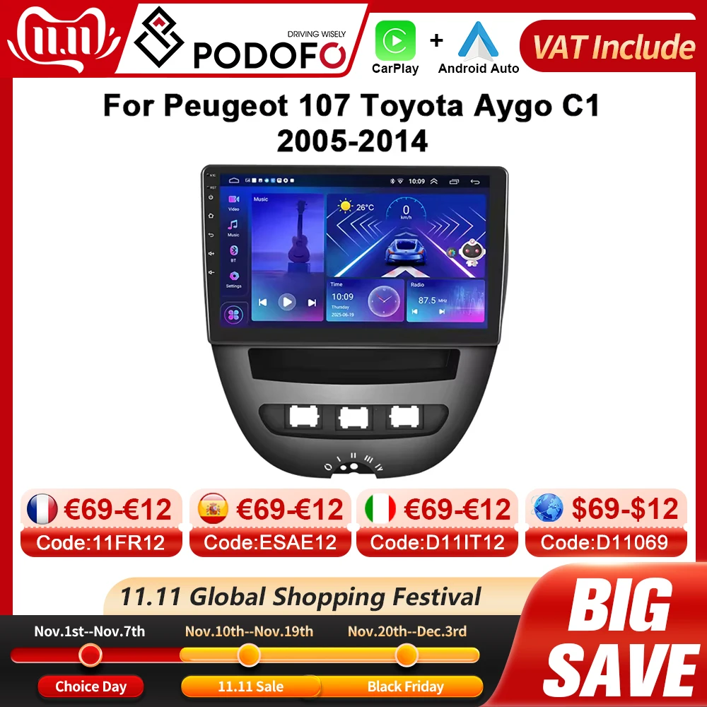 Podofo 4G CarPlay راديو أندرويد لبيجو 107 تويوتا Aygo C1 2005-2014 سيارة مشغل وسائط متعددة 2din جهاز استقبال GPS IPS Autoradio