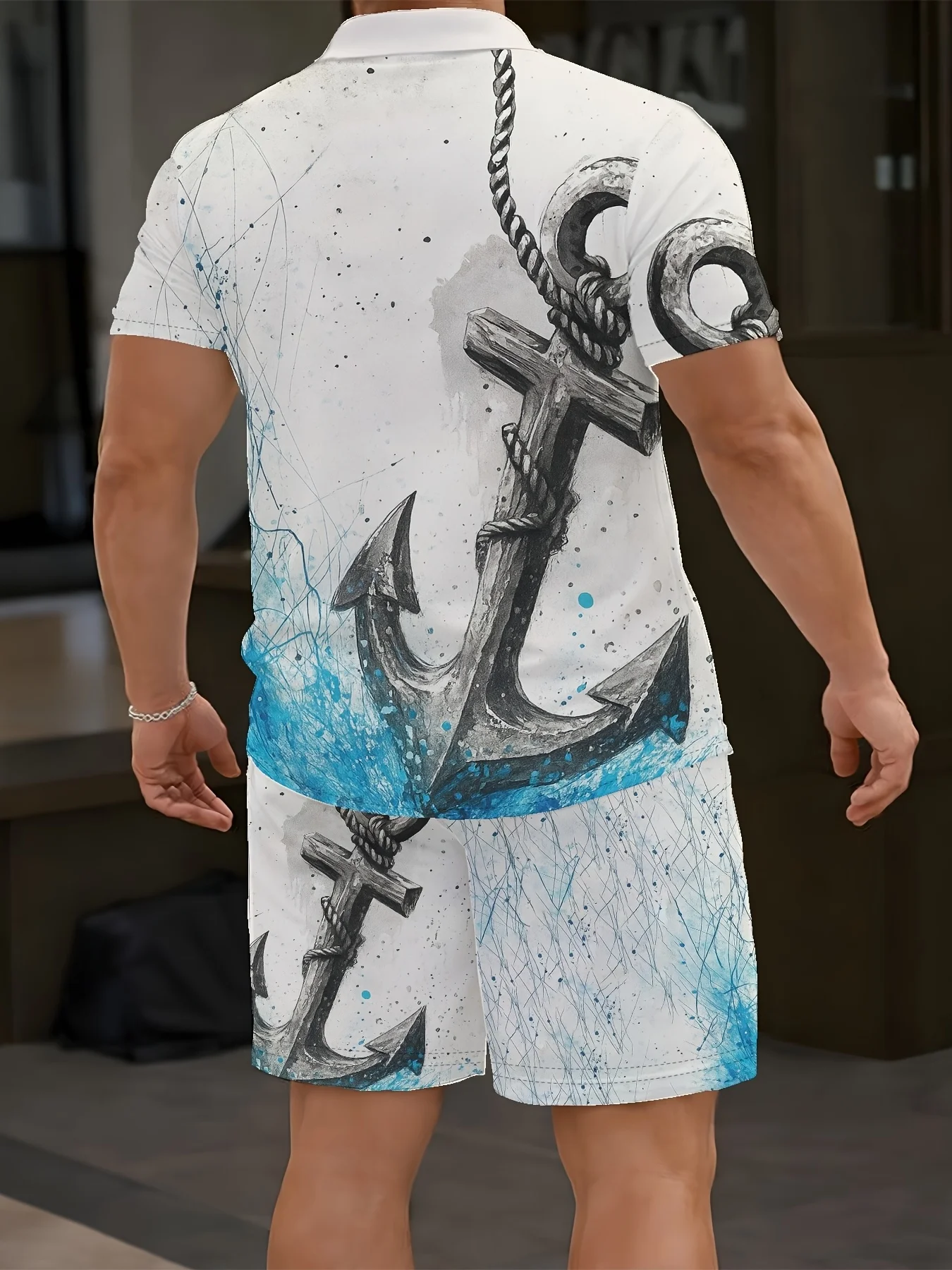 Summer Men Lapel Shirt & Drawstring Shorts Set Nautical Anchor Rope Ocean Wave Graphic Print Polyester Beach Outfit - view 2