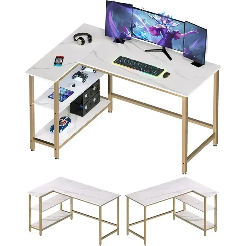 Shaped Computer Desk - Home Office Desk with Shelf, Gaming Desk Corner Table for Work, Writing and Study, Space-Saving