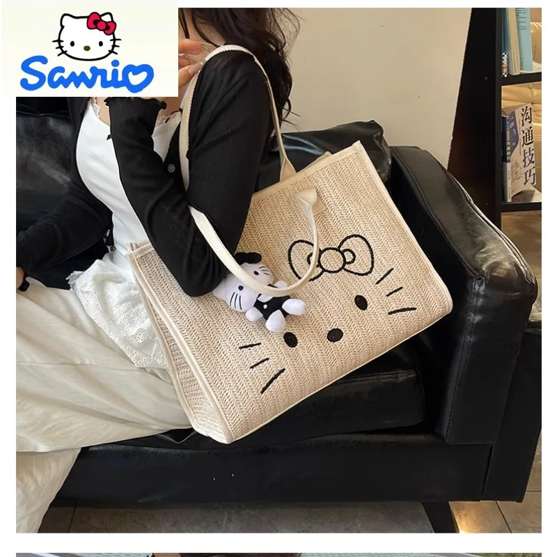 

Sanrio модная классическая тканая сумка высокого качества для женщин, большая вместительная универсальная пляжная сумка-тоут с рисунком Hello Kitty