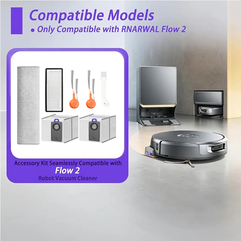 For Narwal Flow 2 Robot Vacuum Accessories:Side Brush,HEPA Filter,Dust Bags,Track Mop Cloth Replacement Parts view 2