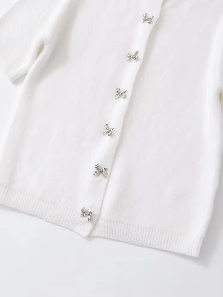 Women\'s Knitted Cardigan Sweater with Buttons, O Neck, Short Sleeve, Female Outerwear, Chic Tops, Fashion