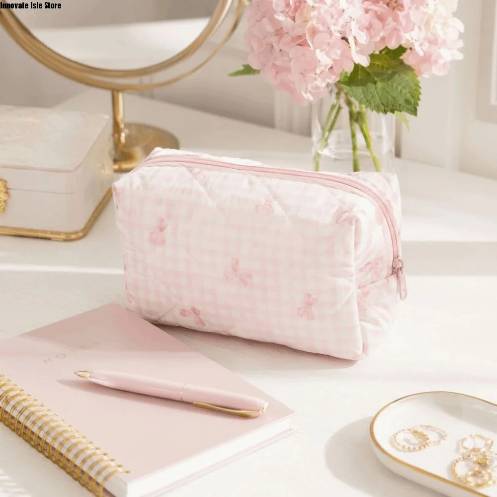 Lightweight Plaid Bow Pattern Stationery Bag Ruffle Edge Zipper Closure Makeup Storage Bag Multifunctional Large Capacity