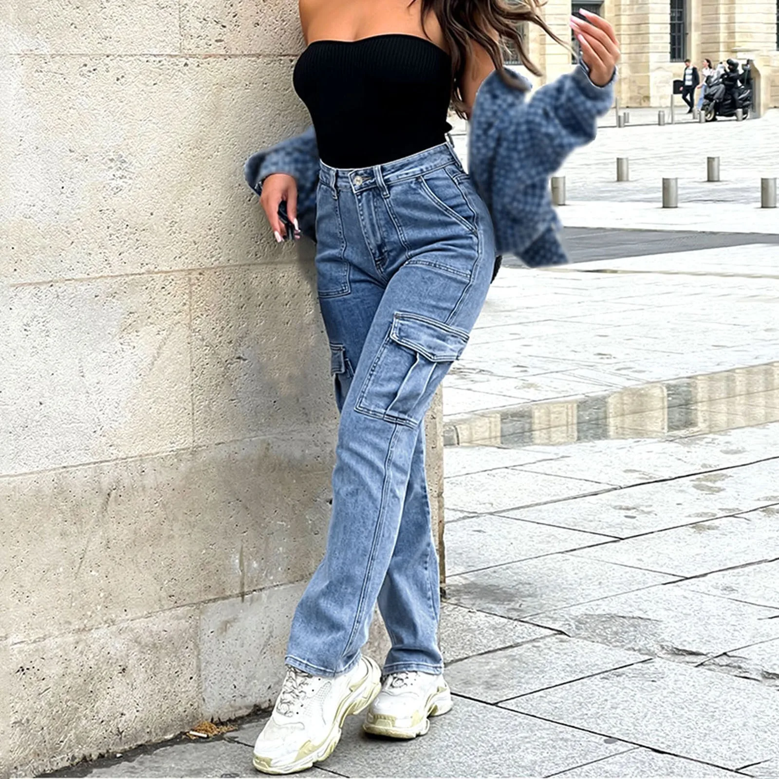 

Women's Casual Denim Trousers Street Trend Loose Fitting Workwear Jeans Pants With Multiple Pockets Solid Color High Waist Pants