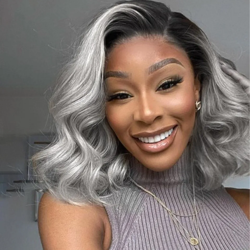 Hd Ash Grey Colored Blonde Ombre Short Bob Natural Wave 13x4 Lace Front Human Hair Wigs Dark Roots Side Parting  Baby Hair 180%