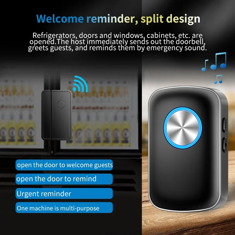 CACAZI Wireless Doorbell Magnetic 280 Meters Range 52 Melody Alarm Windows Household Anti-theft Magnetic Sensor Shop Door Bell