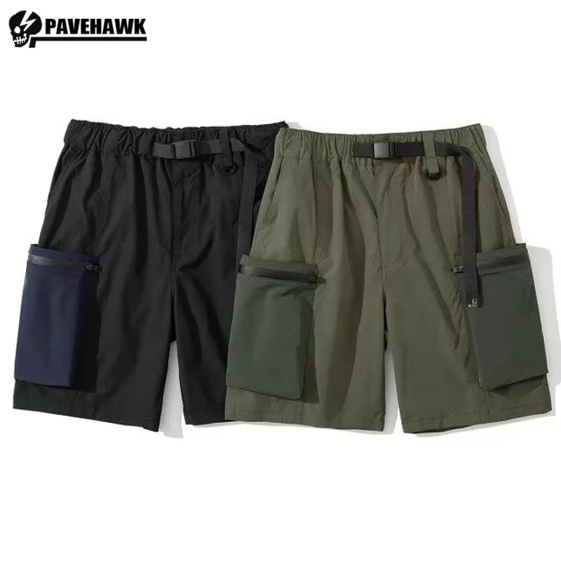 Japanese Cargo Shorts Mens Outdoor Hiking Big Pockets Color Blocking Quarter Pants Loose Casual Straight Leg Overalls with Belt