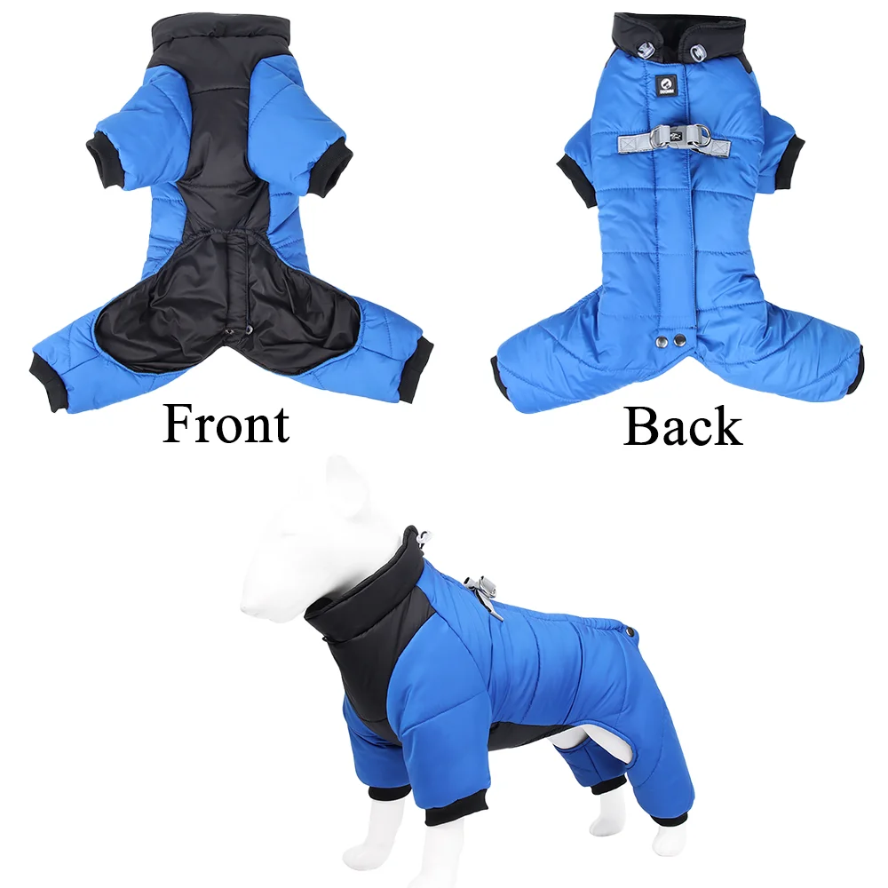 Winter Warm Dog Jacket Reflective Four Legged Clothes Outdoor Waterproof and Windproof Traction Harness Jumpsuit Chihuahua Coat