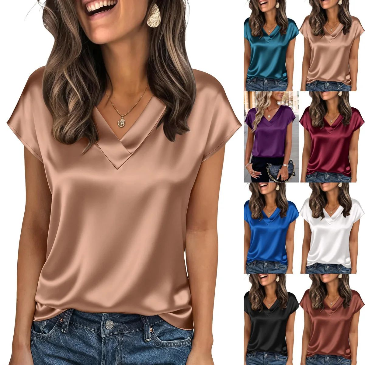 20 Colors Summer Women's Satin V-neck Shirt Short-sleeved Glossy Fashion Top Korean Commuter Versatile Inner Shirt for Female