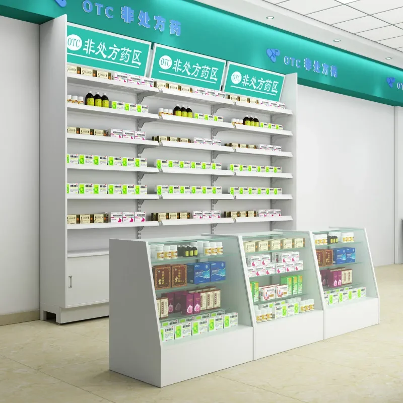 Pharmacy Shelf Display Rack Medicine Cabinet Western Medicine Glass Front Desk Cabinet Display Clinic Pharmacy