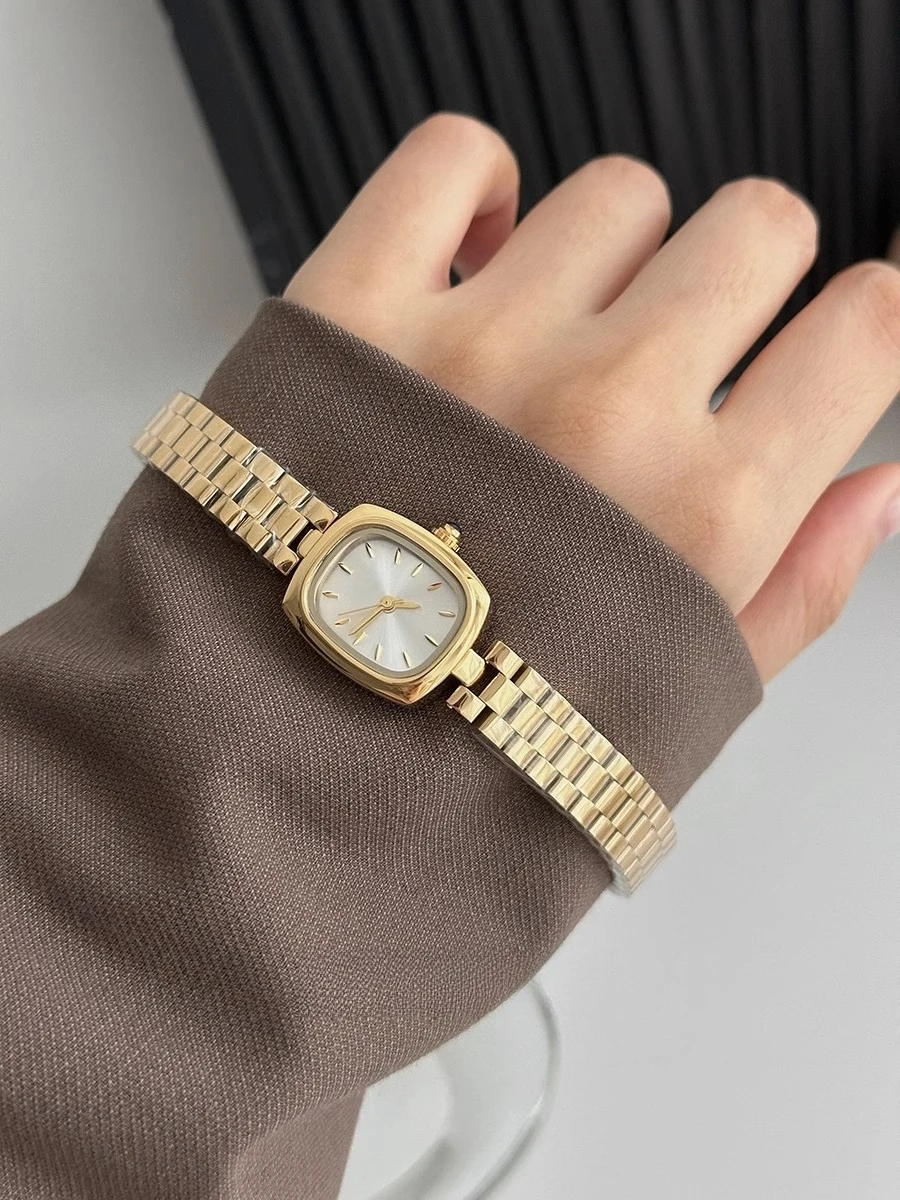 Modern brown small gold watch, retro lady, niche light luxury high-end square steel belt, quartz watch woman