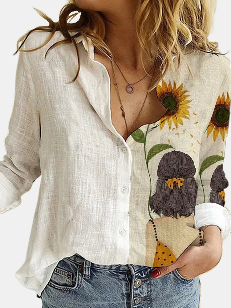 Women Casual Office Lady Vintage Button Spring Summer Loose Blouses and Shirts Loose Cartoon Printing Patchwork T Shirt Tops